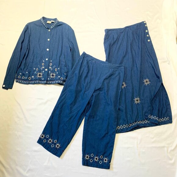 VTG 80s 90s Womens Koret City Blues 3 Piece Shirt Pants Skirt Blue Embroidered - Picture 1 of 13